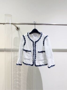 CHANEL Girls White Bouclé Jacket with Navy Trim